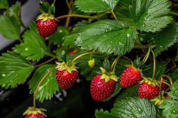 Juicy Red Strawberries Fresh Garden Plant Lush Green Leaves Healthy Organic Berries Summer Harvest  