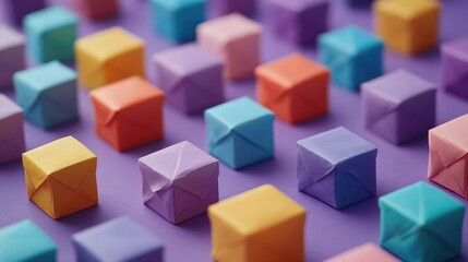 Colorful cubes arranged on purple background, depicting distribution or delivery; marketing concept