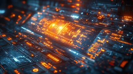 Obraz premium Complex futuristic technology board with glowing elements and circuit patterns
