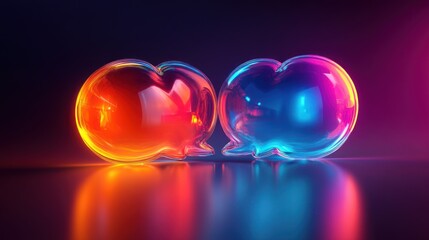 Neon speech bubbles converse, dark studio, vibrant reflection, communication concept