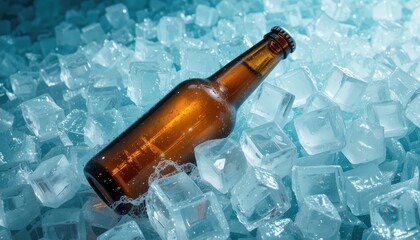 Chilled refreshment: Beer bottle nestled in a bed of shimmering ice cubes