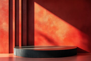 Empty dark gray circular podium on a vibrant red background.  Sunlit, modern presentation space