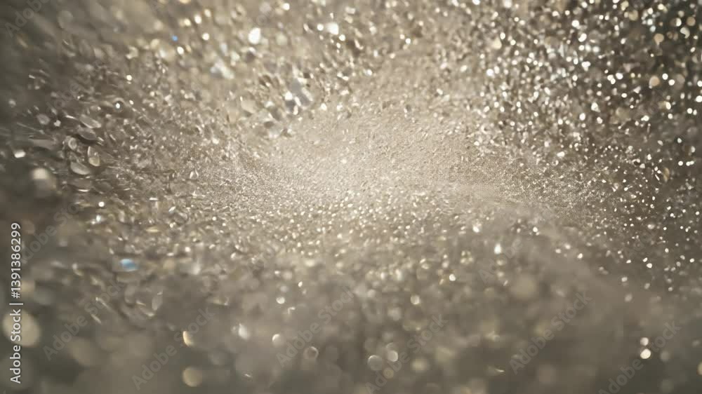 Poster establishing video of a zoom into a single point of shimmering silver particles with an abstract pat