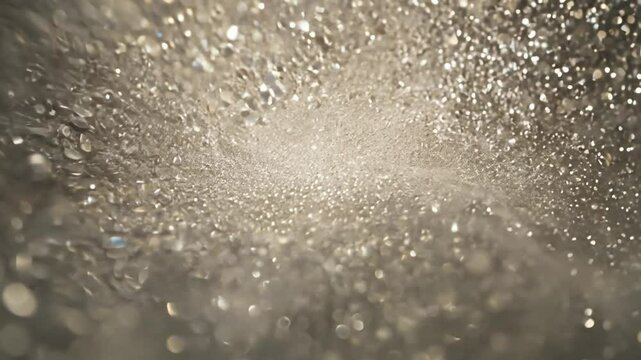 Establishing video of a zoom into a single point of shimmering silver particles with an abstract pattern in muted earth tones