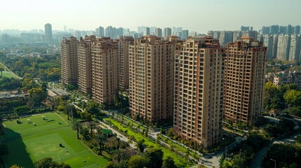 Modern Cityscape: Highrise Buildings and Lush Greenery Aerial View