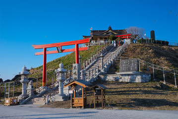 ウミネコ神社と冬の青空｜蕪嶋神社に舞うウミネコたち（青森・八戸
