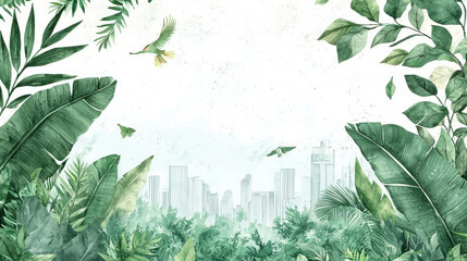 Blank background illustration of serene cityscape surrounded by lush greenery and tropical leaves, with birds flying above with copy space and negative space for text