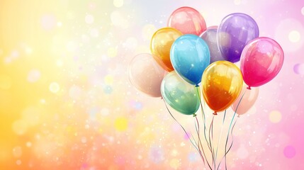 Colorful balloons float, pastel bokeh background, celebration, party invitation