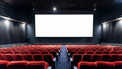 Obraz premium Empty modern cinema hall with red seats and blank white screen in dark interior, perfect for presentation or advertising mockup template use. Generated image