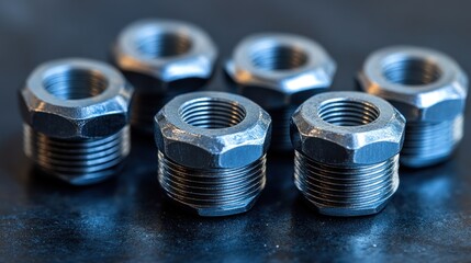 Detailed Macro Shot of Metal Threaded Bushings on a Textured Dark Surface