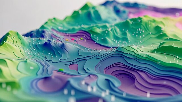 3D topographic model illustrating diverse terrain with vibrant colors and contours in a creative display