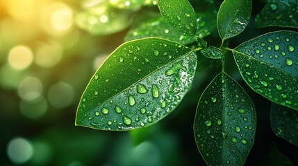 Fototapeta premium Fresh green leaves covered in water droplets, glistening in the sunlight