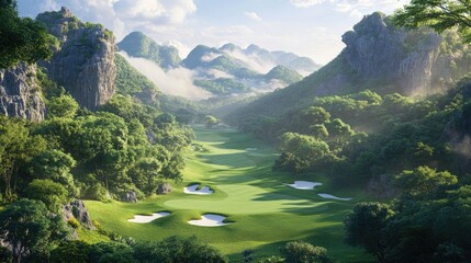 A scenic mountain golf course carved into a valley, surrounded by dense forest and rugged terrain