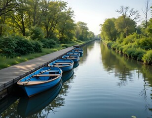 Obraz premium peaceful canal with bright blue rowboats docked at wooden pier among lush greenery