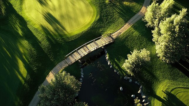 A small wooden bridge crossing a creek in the middle of a golf course fairway