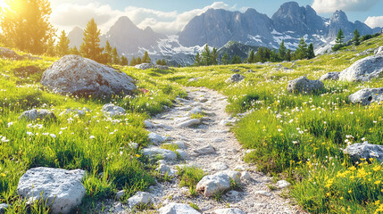 Mountain meadow trail at sunset.