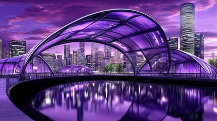 Obraz premium Futuristic Cityscape Featuring Modern Architectural Structures and Purple Hues
