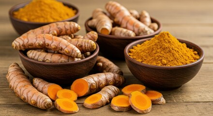 Fresh turmeric roots and powder on a wooden table.