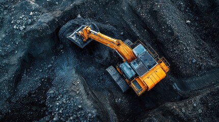 Aerial view excavator mining coal, open-pit operation