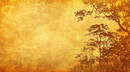 Blank background illustration of Golden textured background with tree silhouettes on right side, evoking serene mood with copy space and negative space for text