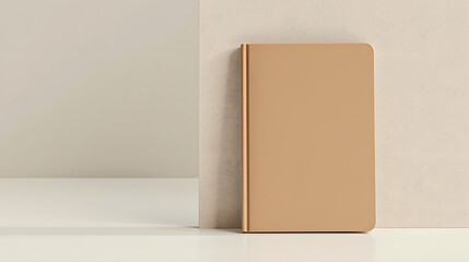 A tan book leaning against a white wall
