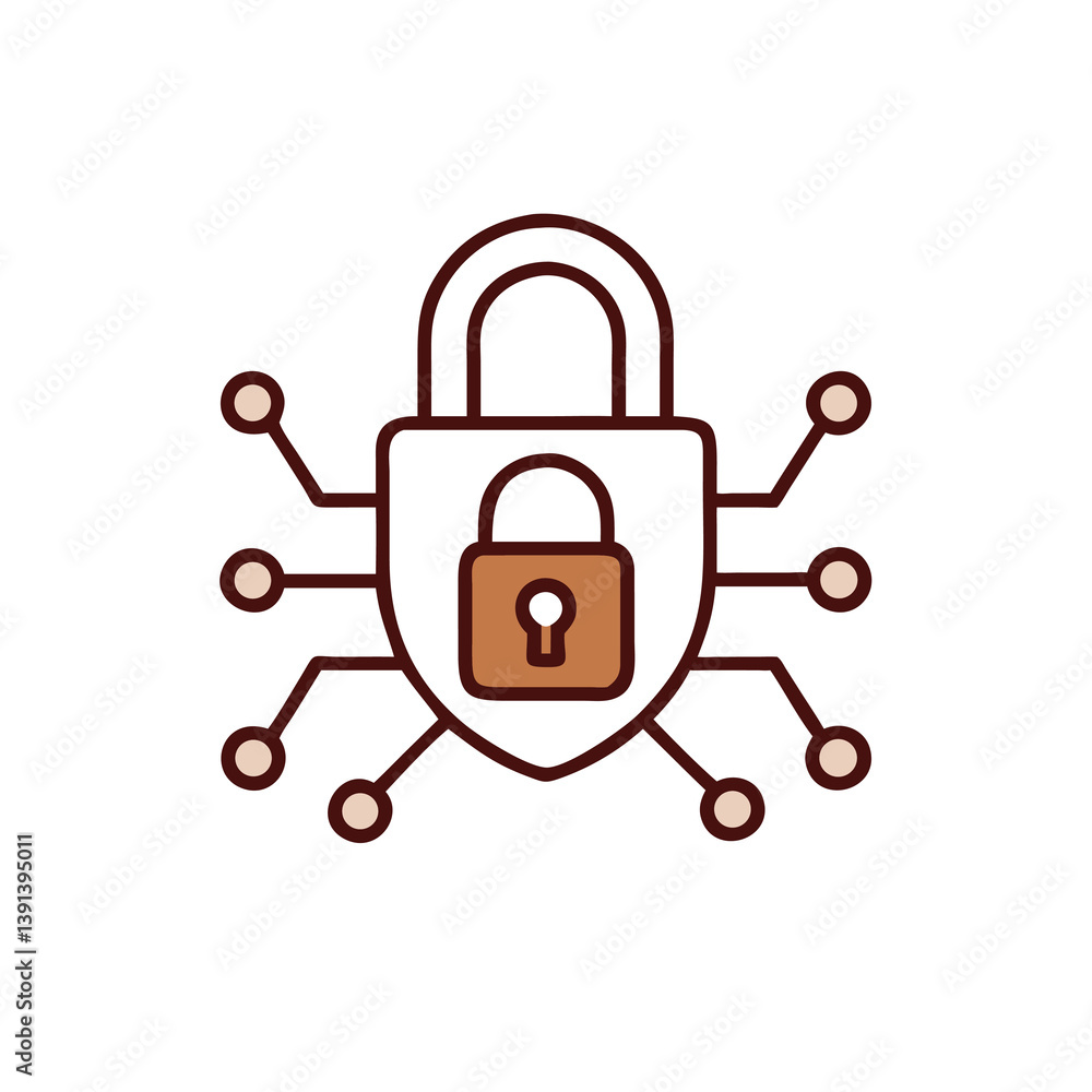 Poster cybersecurity icon digital network security shield with padlock connection points illustration