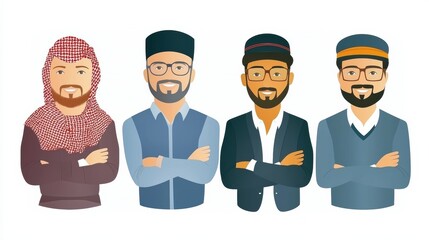 Naklejka premium Diverse group of professional men in traditional and modern attire studio setting digital illustration cultural representation