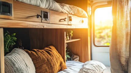 Bunk bed in a hostel room with personal storage lockers and clean bedding