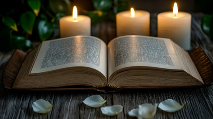 Open antique book with three lit candles and petals.