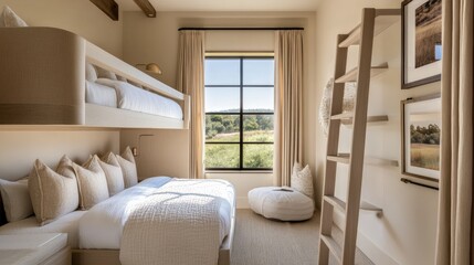 Fototapeta premium Clean-lined bunk bed with floating ladder and soft textured sheets, bathed in natural light