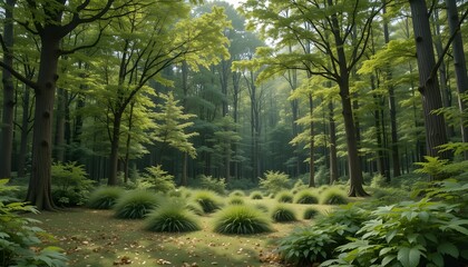 Park Forest Ecology Background with Lush Trees and Greenery in Natural Habitat