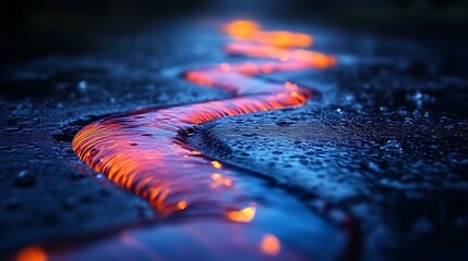 Glowing, molten metal stream on dark surface.