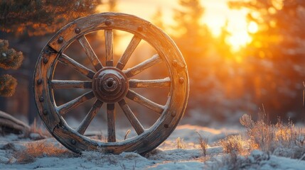 Rustic wagon wheel against a background of soft, golden light in winter season