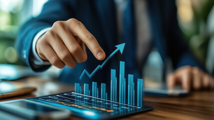 Photography advertising shot of close up businessman touching an upward arrow on a virtual graph with empty background.
