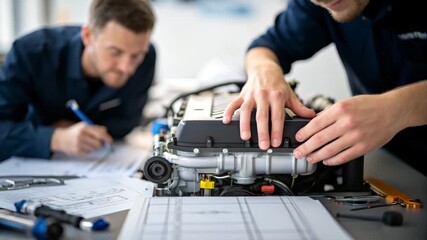 Hydrogen fuel future concept. Two mechanics focus intently on a car engine, surrounded by papers and tools, emphasizing their detailed work in automotive engineering.