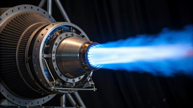 Hydrogen fuel future concept. A high-tech jet engine emitting a bright blue flame, showcasing advanced aerospace engineering and technology.