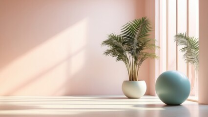 3d rendering of a plant in a vase on a table in front of, soft neon atmosphere