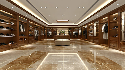 Luxurious clothing boutique interior with wooden display cases, marble floor, and elegant lighting.