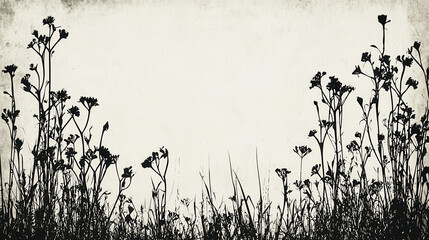 Blank background illustration of Silhouette of wildflowers and grass on textured background, perfect for text overlay with copy space and negative space for text