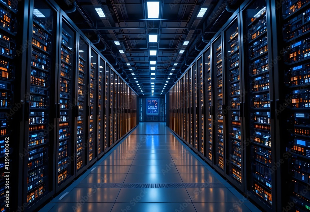 Poster inside a modern data center with rows of servers