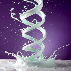 A spiral of white splashing milk on purple background