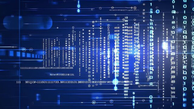 Dynamic Blue Digital Data Stream with Glowing Binary Code and Abstract Elements