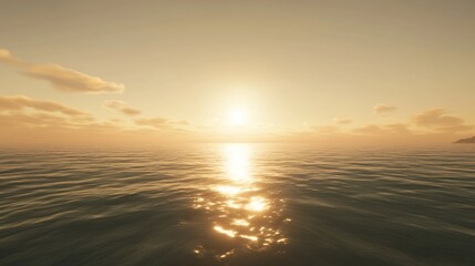 Obraz premium Sun setting into the ocean, casting long shadows and warm light across a still seascape