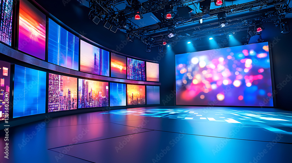Poster innovative stage setup modern studio photostock image dynamic lighting eye-level view advanced techn