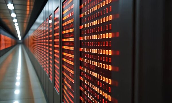 A perspective view of red glowing data panels with binary code in a long hall or corridor.