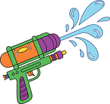 recommend clip art: A cartoon image of a colorful water gun (green, orange, and purple) spraying blue water droplets.