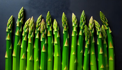 Fototapeta premium Vibrant green asparagus spears stand tall against a dark backdrop, showcasing fresh, healthy produce.