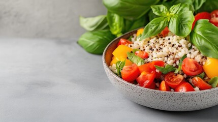 Vibrant bowl of quinoa salad with fresh vegetables.  A healthy and colorful meal featuring quinoa, cherry tomatoes, bell peppers, and fresh basil