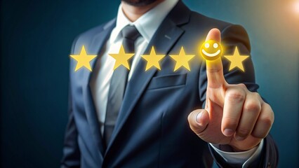 Customer feedback is shown with a hand presenting five stars and a smiling face, symbolizing outstanding service and client satisfaction experience.