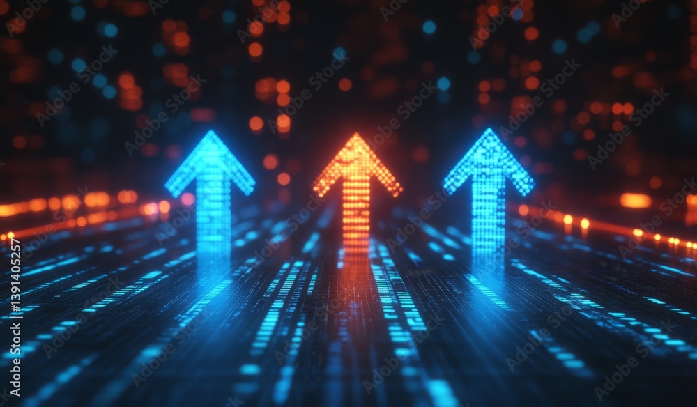 Poster digital arrows of progress. dynamic upward movement. futuristic, technological design